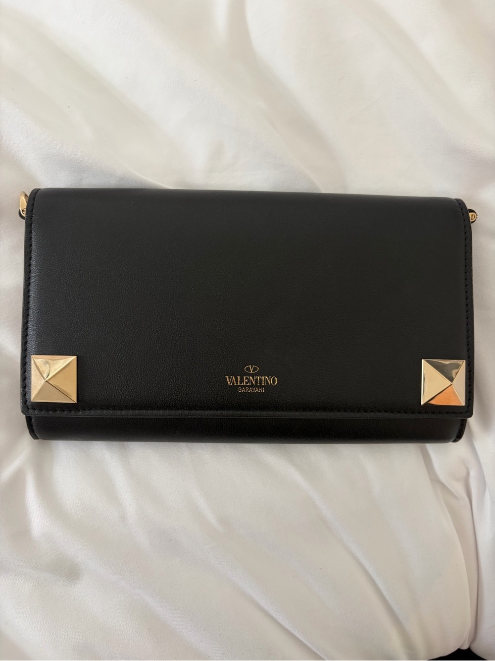 Valentino Garavani Black Leather Shoulder Bag with Gold Pyramid Studs